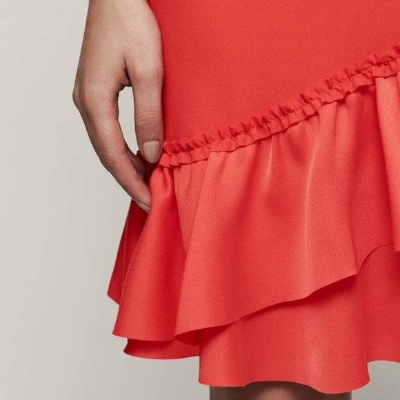 REISS Cecilia Frill-Detail Asymmetric Hem Dress Vermillion Sz 6-8 / M - Picture 6 of 15